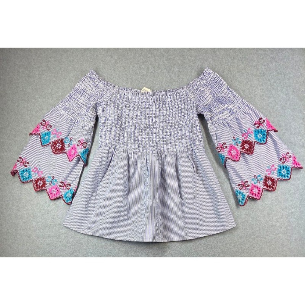 LOFT Blue White Striped Smocked Off Shoulder Embroidered Bell Sleeve Top XXSP